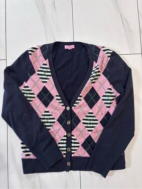 Lilly Pulitzer Pink Argyle merino wool and cotton blend Cardigan size large